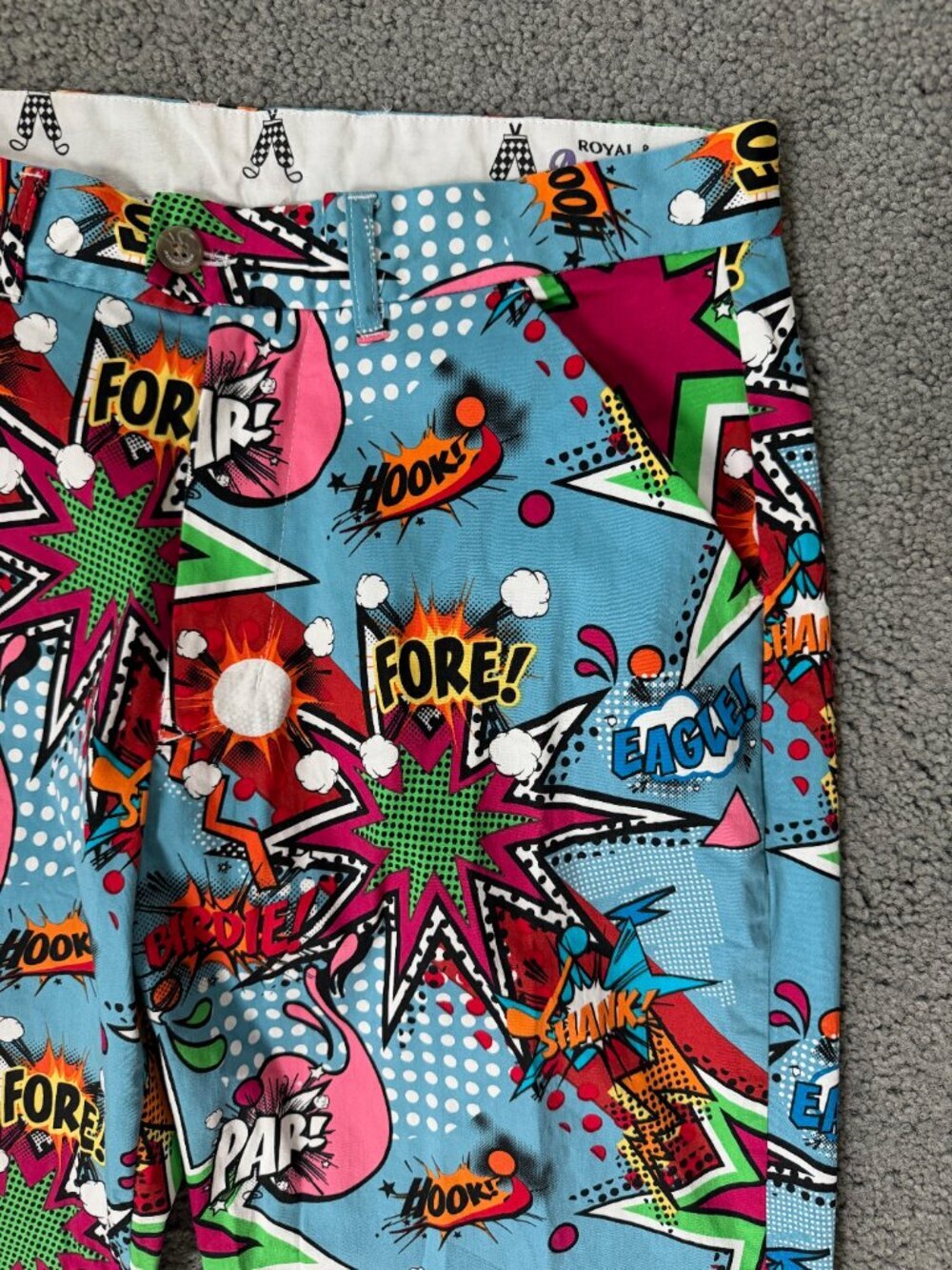 Royal and Awesome Men`s Golf Pants Partoon Comic Book Design - Size W32 L32 EUC - Picture 3 of 11